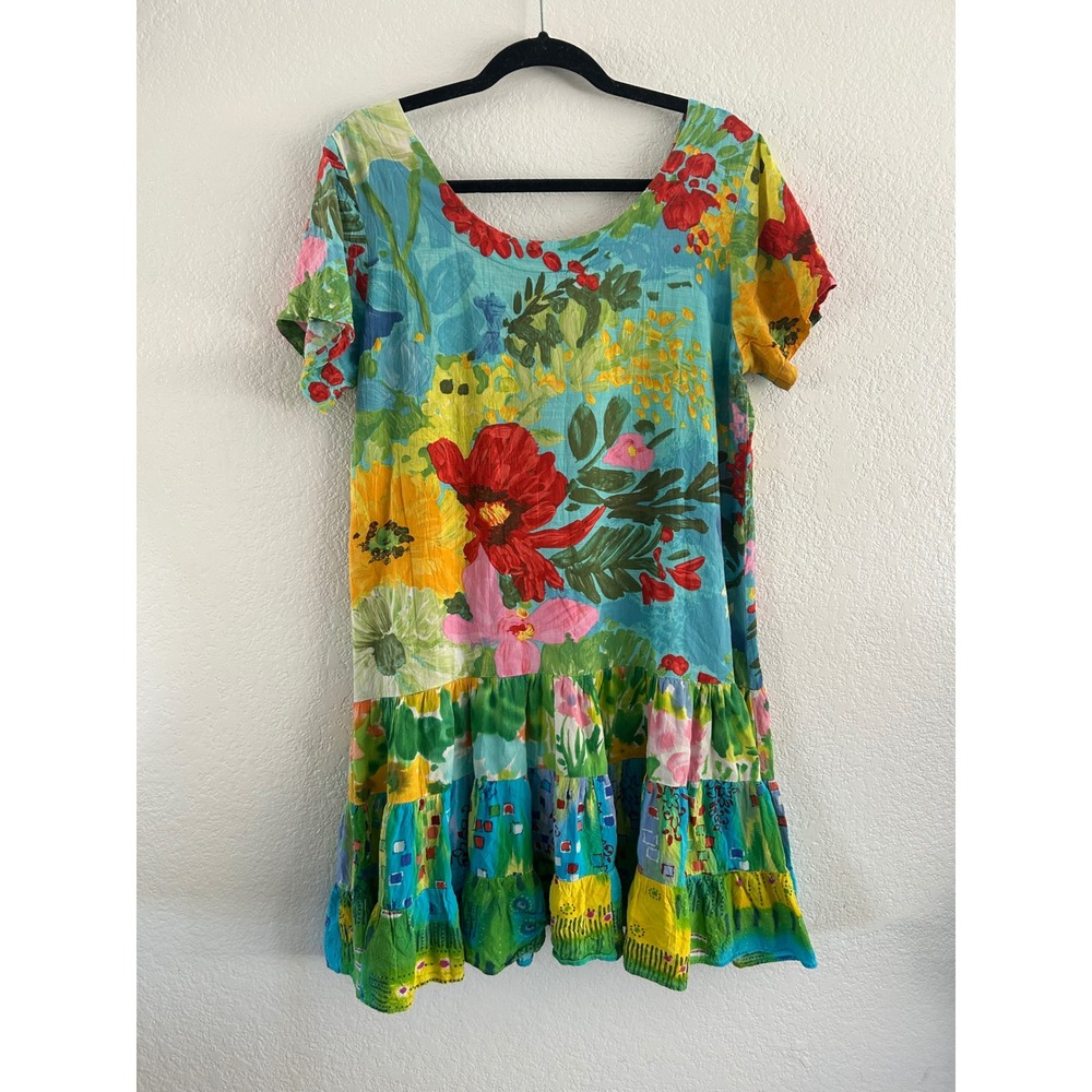 Vintage Jams World Tropical Floral Patchwork Tiered Midi Dress L 2000s Dopamine - Picture 2 of 13